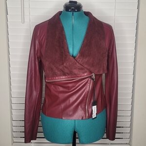 Blank NYC Oxblood Faux Leather Moto Jacket Asymmetrical Zip Waterfall Sz M NWT